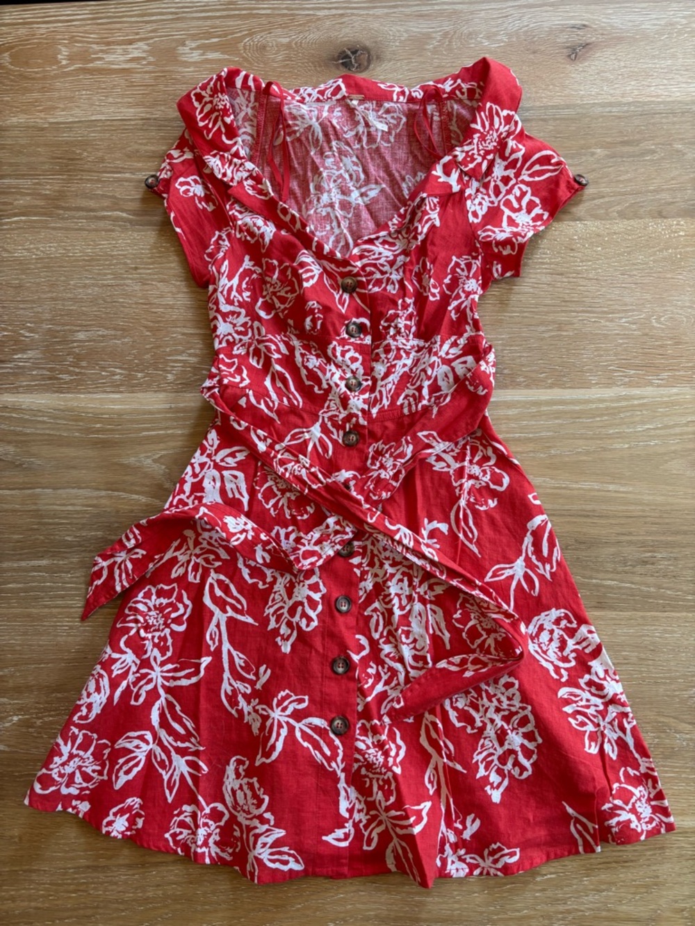 Free People Red & White Floral Button-Front Mini Dress with Waist Tie